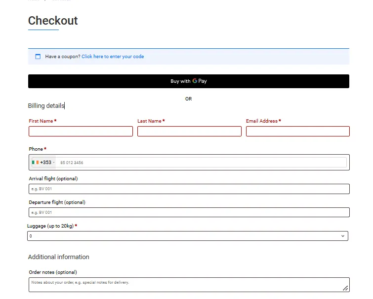 Enter passenger flight and luggage details during Alpine Buses checkout